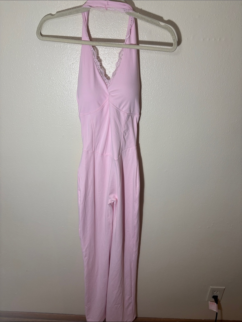 Pink Halter Lace-Trim Jumpsuit